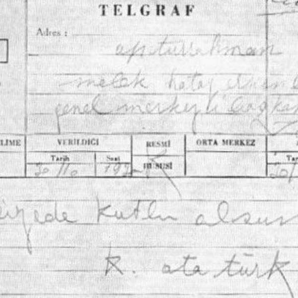 Télégramme de félicitations d'Atatürk pour la proclamation de l'indépendance @wikicommons