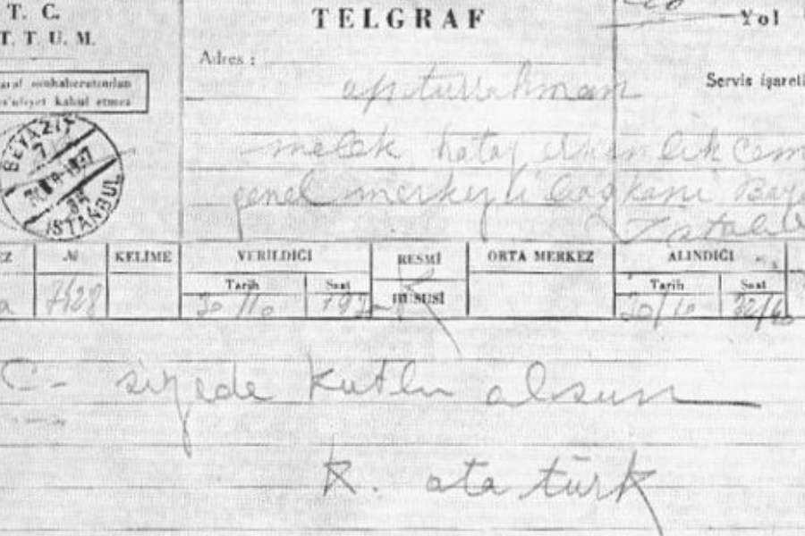 Télégramme de félicitations d'Atatürk pour la proclamation de l'indépendance @wikicommons