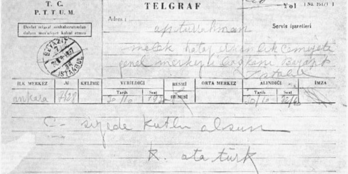 Télégramme de félicitations d'Atatürk pour la proclamation de l'indépendance @wikicommons